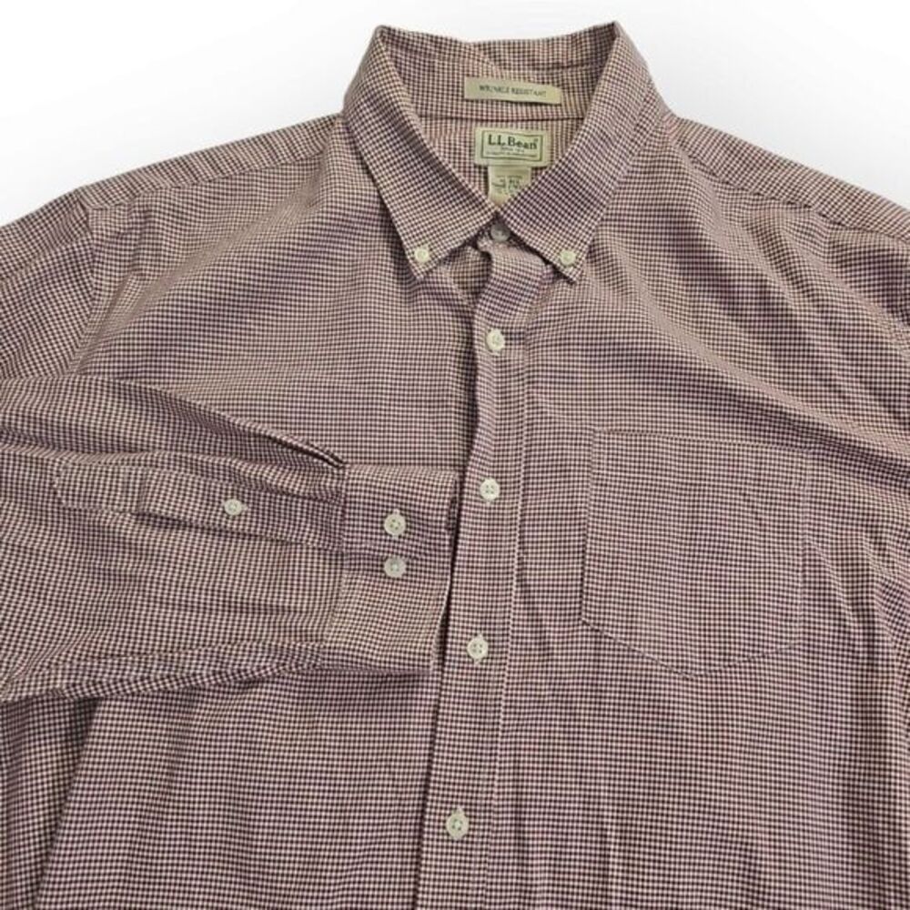 LL Bean XL-Reg 100% Cotton Wrinkle Resistant Maroon White Shepherd Check Shirt